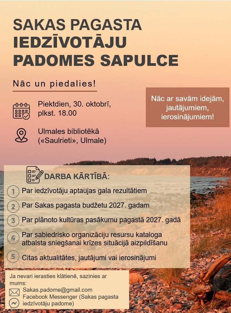 Sakas pagasta iedzīvotāju padomes sapulce 30. oktobrī