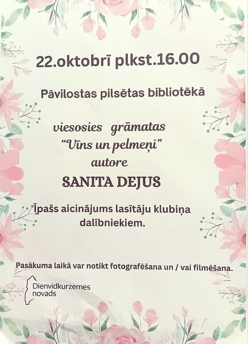 22. oktobrī Pāvilostas bibliotēkā viesosies Sanita Dejus