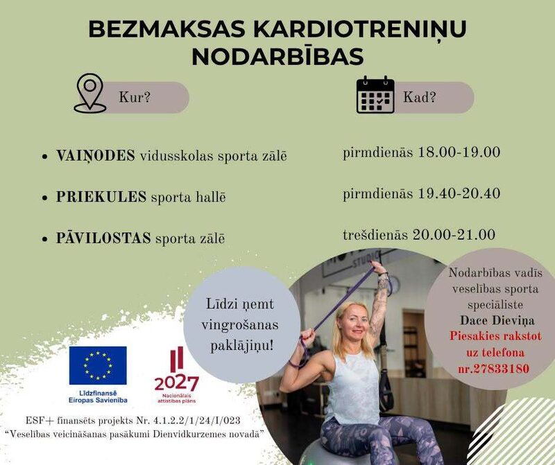 Bezmaksas kardiotreniņu nodarbības Pāvilostā